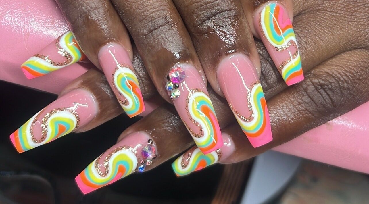 Colorful nail art with rhinestones at The Nail & Lash Studio, Saint Philip, Saint Philip, BB.