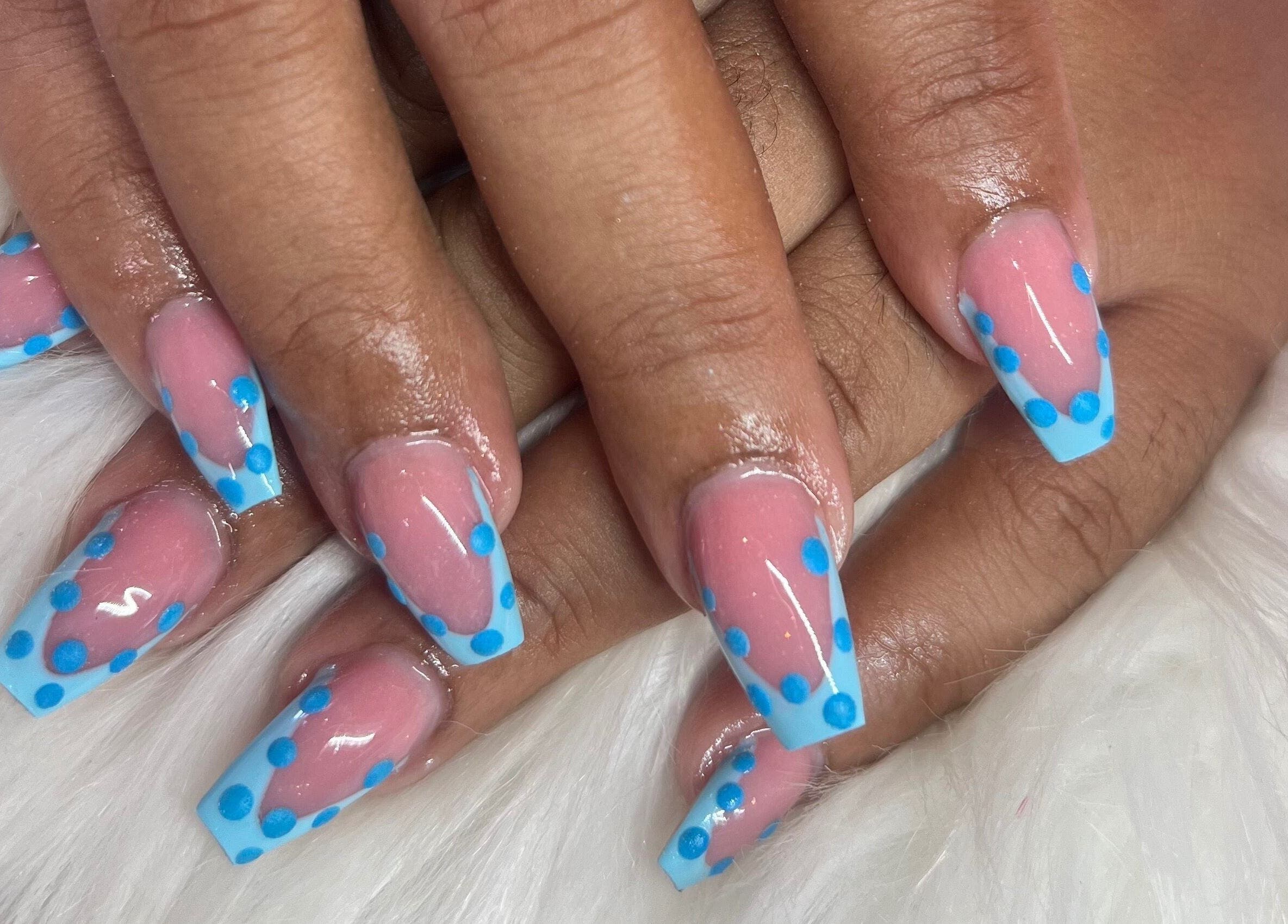 Stylish blue dotted nail art at The Nail & Lash Studio in Saint Philip, Saint Philip, BB.