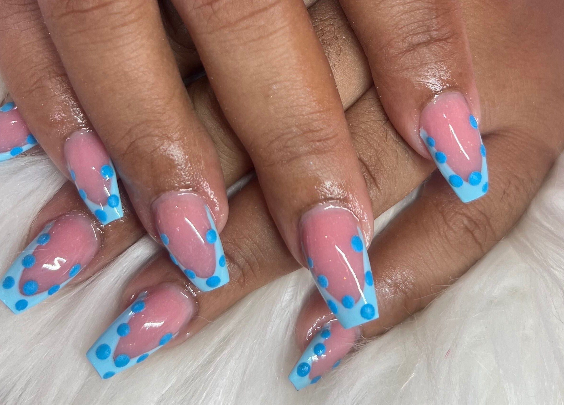 Stylish blue dotted nail art at The Nail & Lash Studio in Saint Philip, Saint Philip, BB.