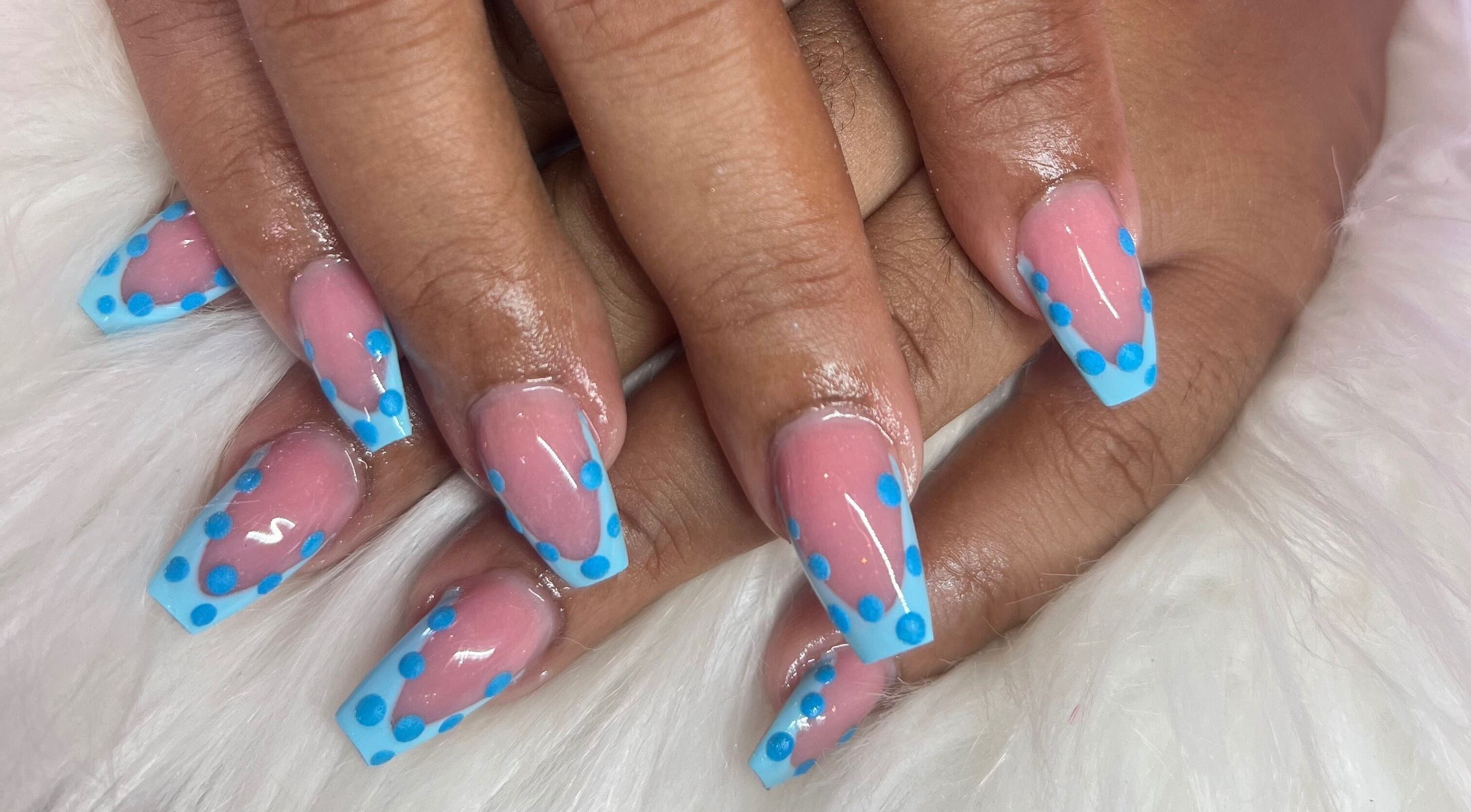 Stylish blue dotted nail art at The Nail & Lash Studio in Saint Philip, Saint Philip, BB.