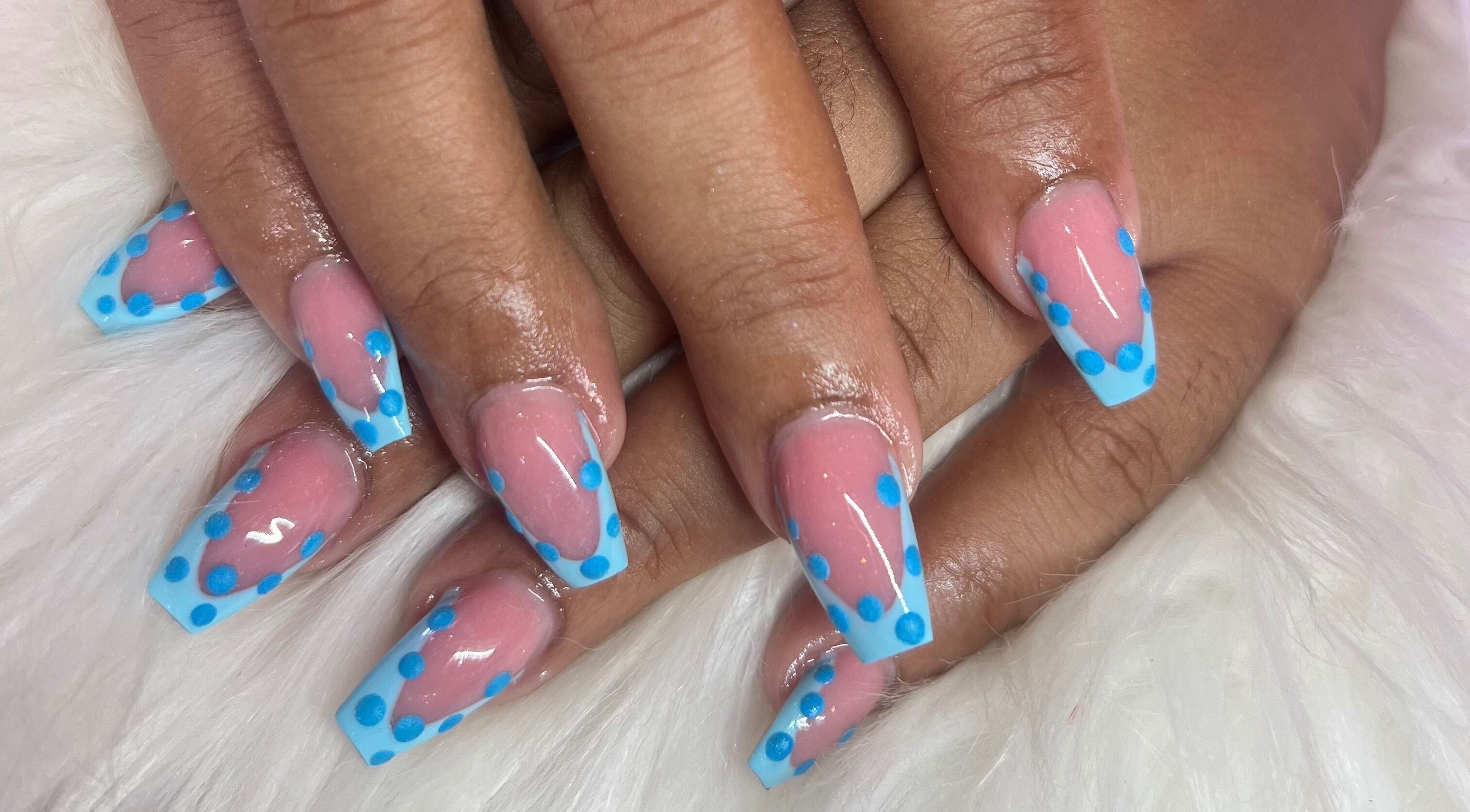 Stylish blue dotted nail art at The Nail & Lash Studio in Saint Philip, Saint Philip, BB.