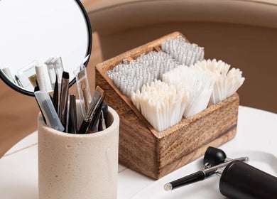 Beauty tools and brushes at Annaflex, London, England, GB, showcasing professionalism and style.