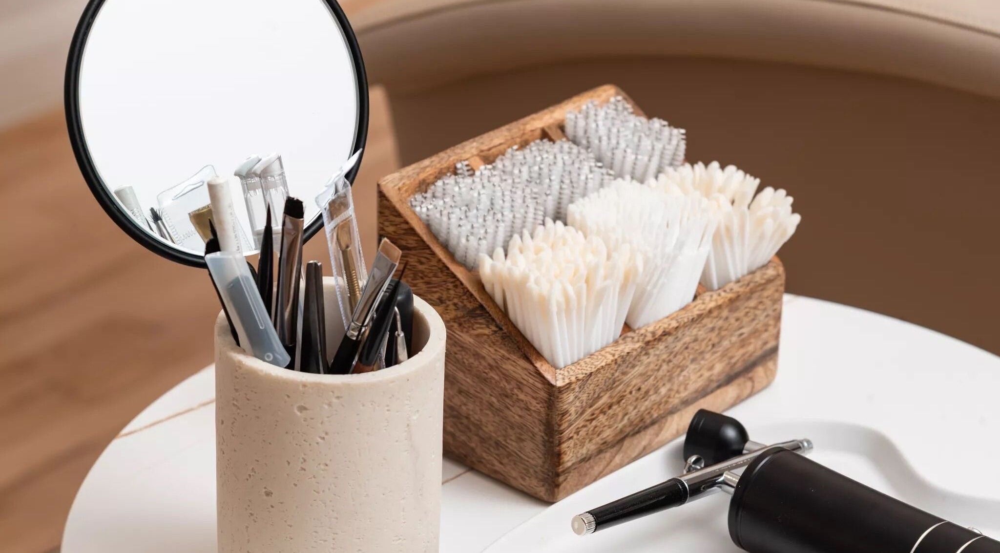 Beauty tools and brushes at Annaflex, London, England, GB, showcasing professionalism and style.
