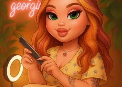 Stylized illustration of a nail artist at Nails by Georgia, Colne, England, GB, holding a manicure tool.
