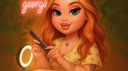 Stylized illustration of a nail artist at Nails by Georgia, Colne, England, GB, holding a manicure tool.