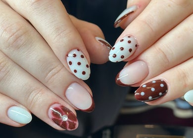 Brown and white polka dot nail art at The Lux Cocoon Sands Beauty Lounge, Torquay, Victoria, AU.