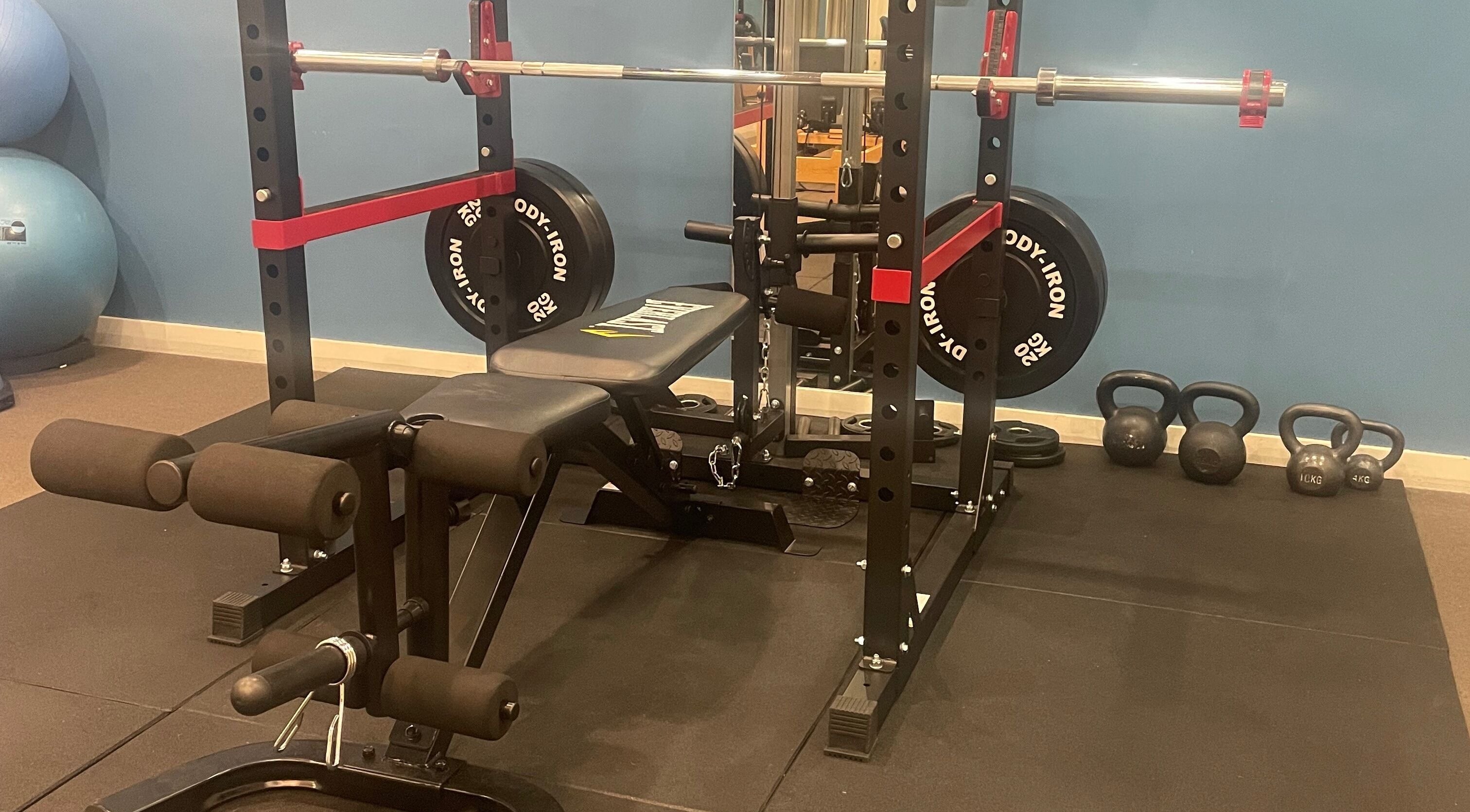 Gym equipment setup at Hobart Massage Guru, Hobart, Tasmania, AU.