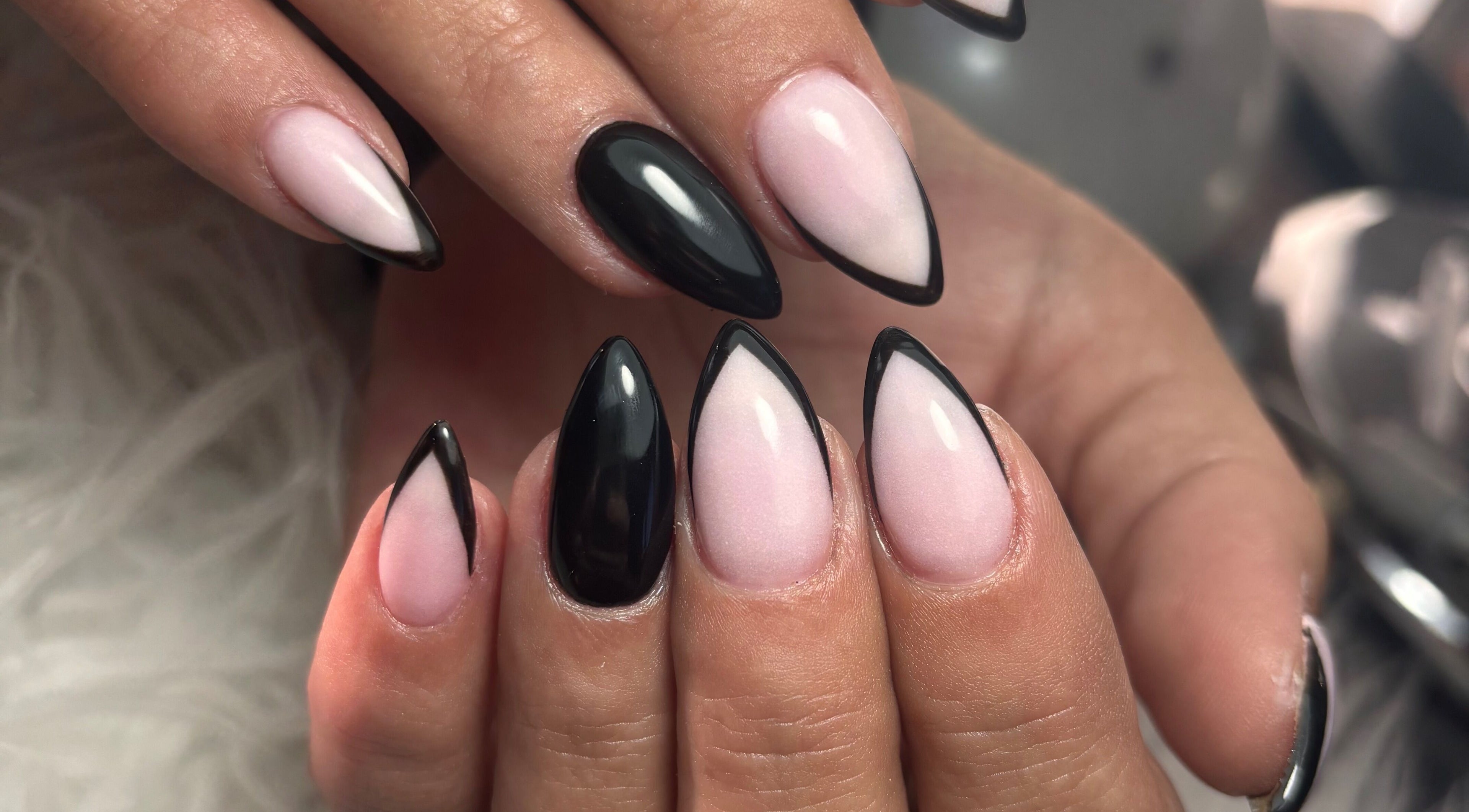 Stylish black and pink stiletto nails at Beauty by Cherise, Cape Town, Western Cape, ZA.