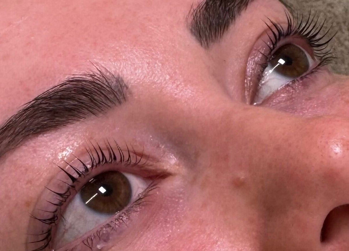 Close-up of perfectly shaped eyebrows and lashes at Glossy by Nieve, Hartlepool, England, GB.