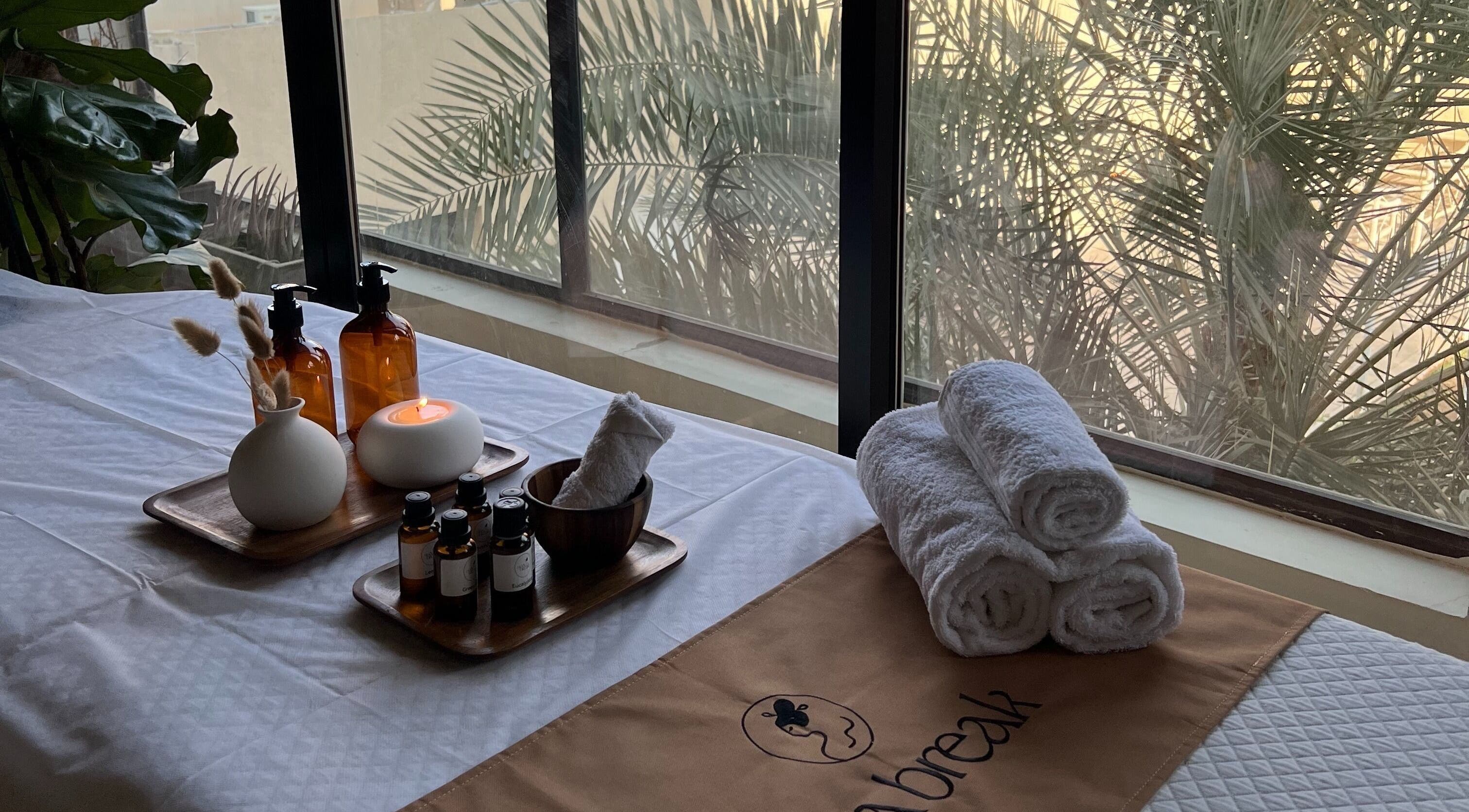 Relaxing Spa Break - Home Service setup with oils and towels in Riyadh, Riyadh Province, SA.