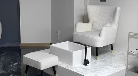 Elegant pedicure chair setup at Lewa Studios, Birmingham, England, GB, highlighting luxury and comfort.