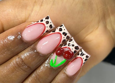 Unique nail art with cherry design at Lewa Studios, Birmingham, England, GB.