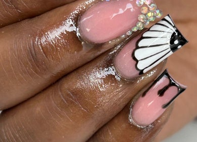 Artistic nail design with rhinestones at Lewa Studios, Birmingham, England, GB.