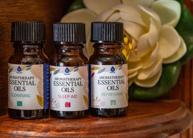 Essential oils displayed at Ancient Thai Massage, Los Angeles, California, US, offering relaxation and wellness.
