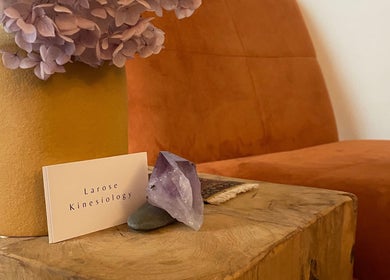 Cozy seating at Larose Kinesiology, West End, Queensland, AU, with floral decor and amethyst crystal.