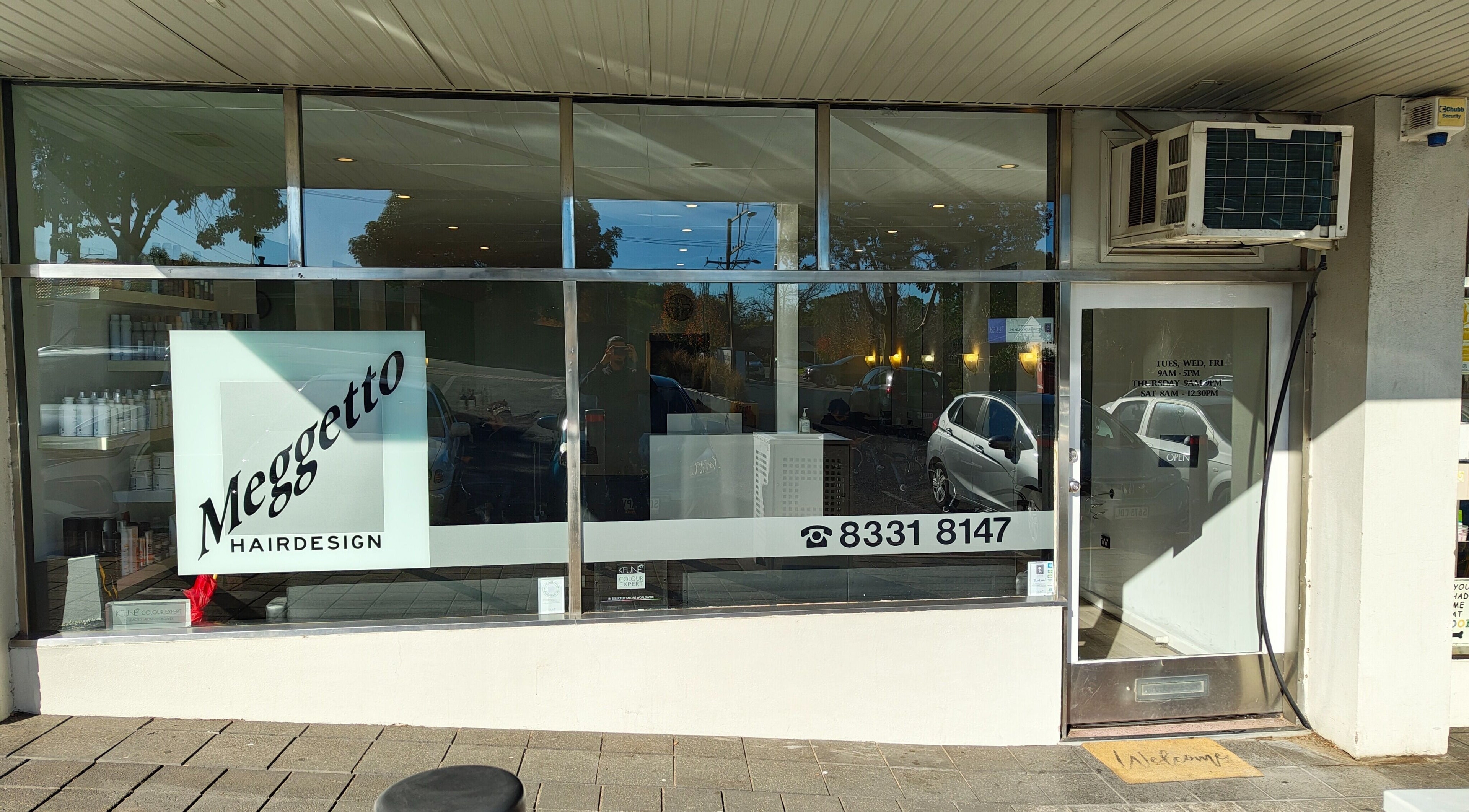 Meggetto Hair Design facade in Wattle Park, South Australia, AU, showcasing sleek modern design.