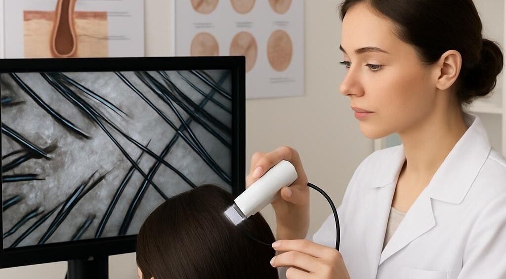 Expert conducting scalp analysis at Head Spa by Alexis, Fort Lauderdale, Florida, US.