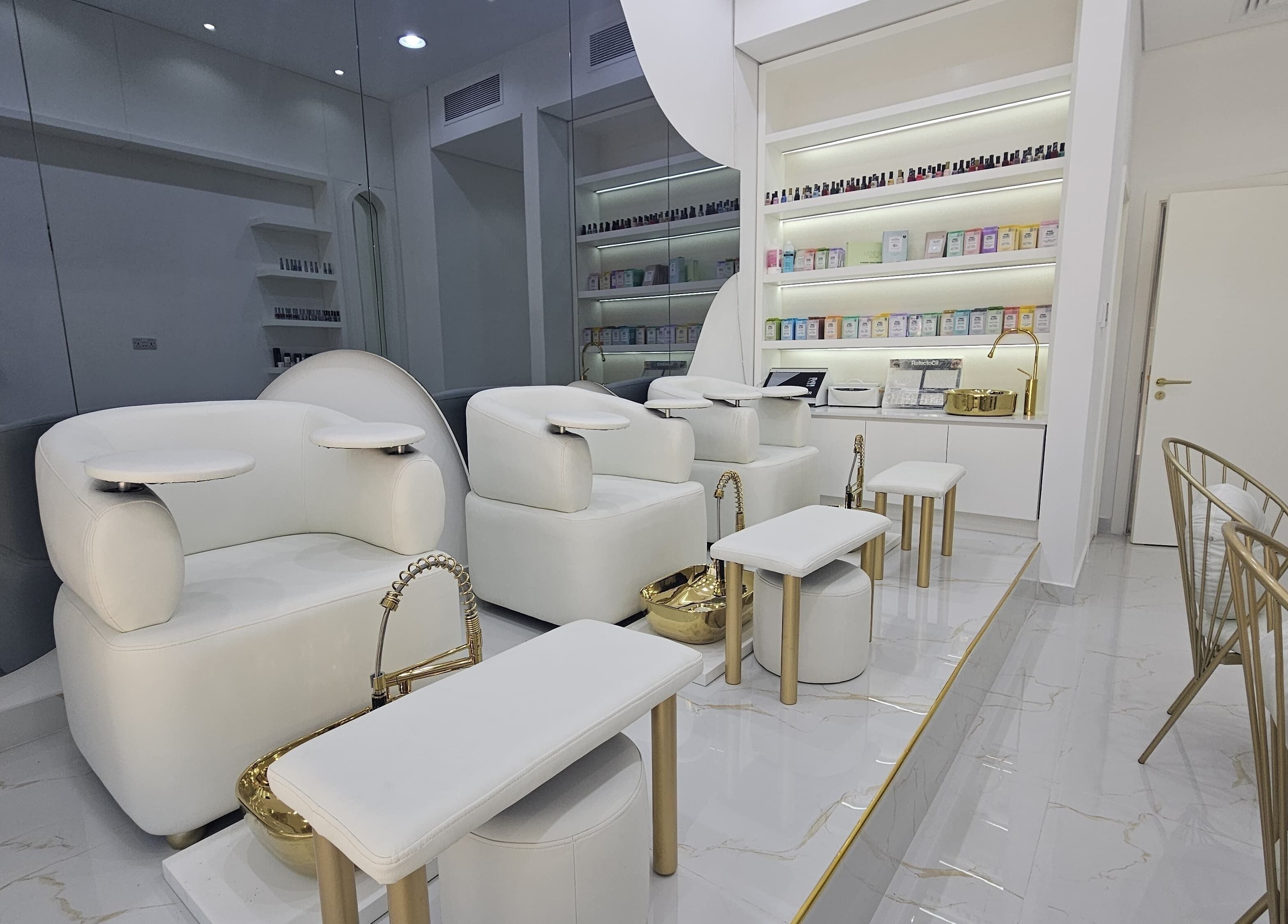 Luxurious pedicure chairs at Azalea Beauty Center, Sharjah, Sharjah, AE, offering premium wellness treatments.