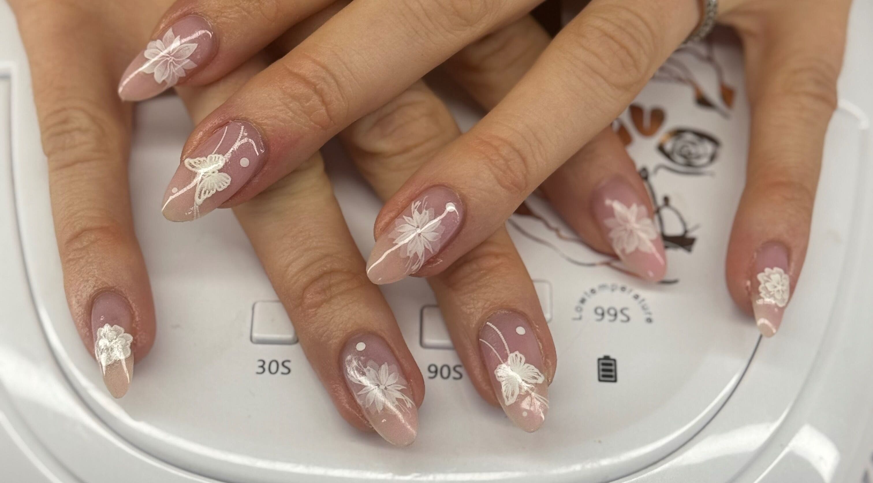 Intricate floral nail art at Ultimate Sass Nails, East Leake, England, GB.