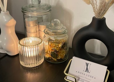 Elegant décor at Nova Luxe, featuring candles and art pieces in Pudsey, England, GB.