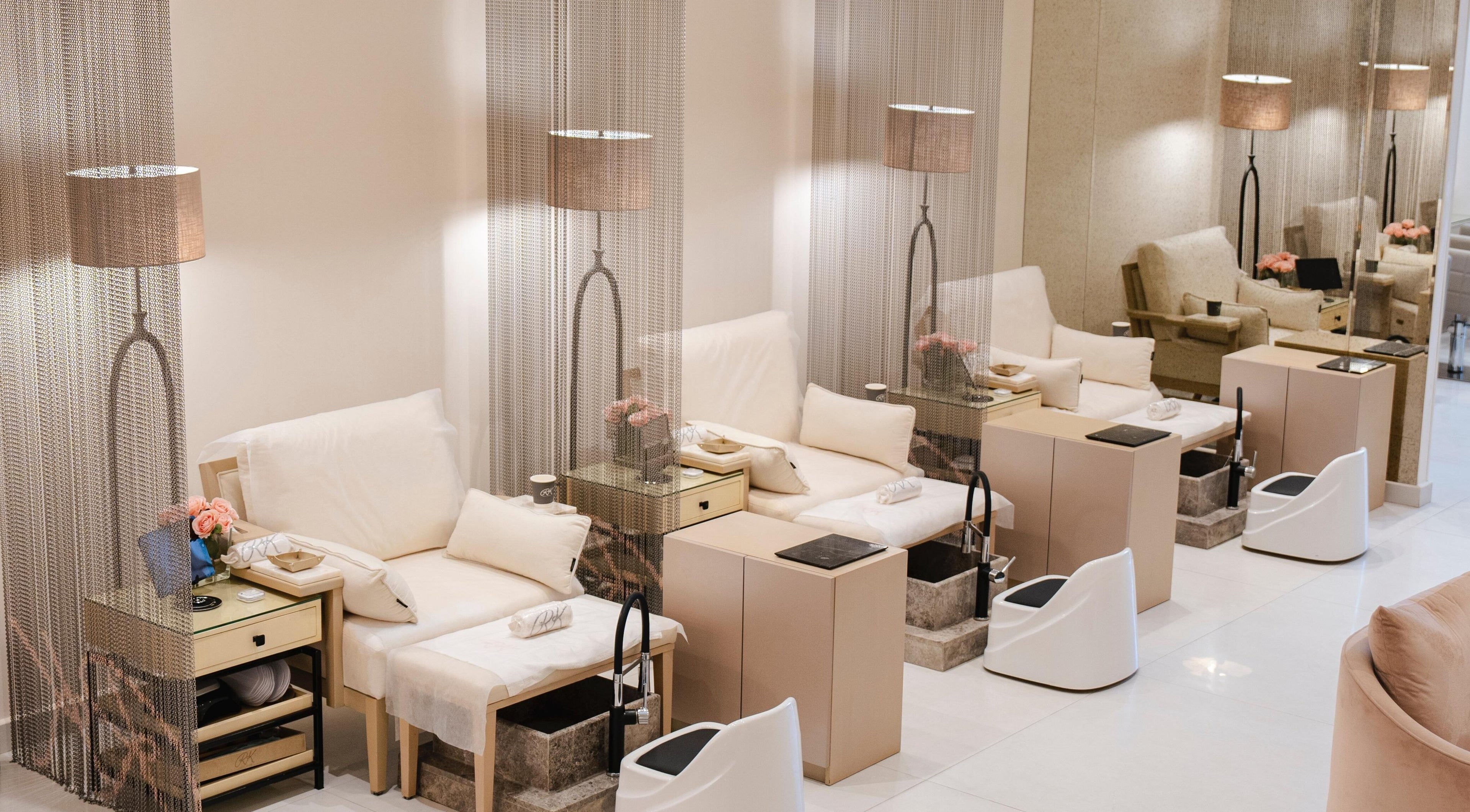 Elegant pedicure chairs at RK Beauty Lounge, Riyadh, Riyadh Province, SA offering relaxing atmosphere.