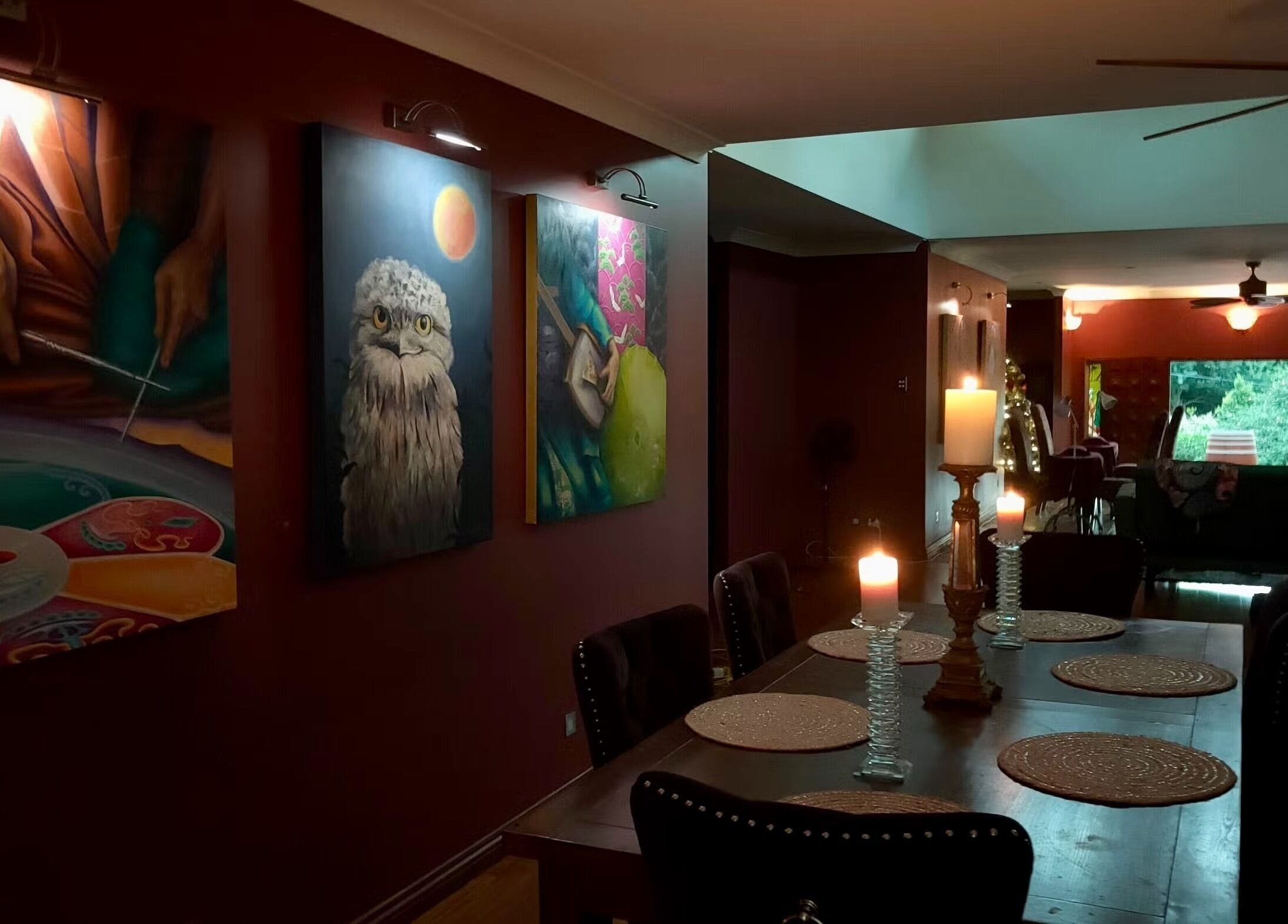 Elegant dining area with artistic wall decor at Blissage Day Spa Sanctuary, Tamborine Mountain, Queensland, AU.