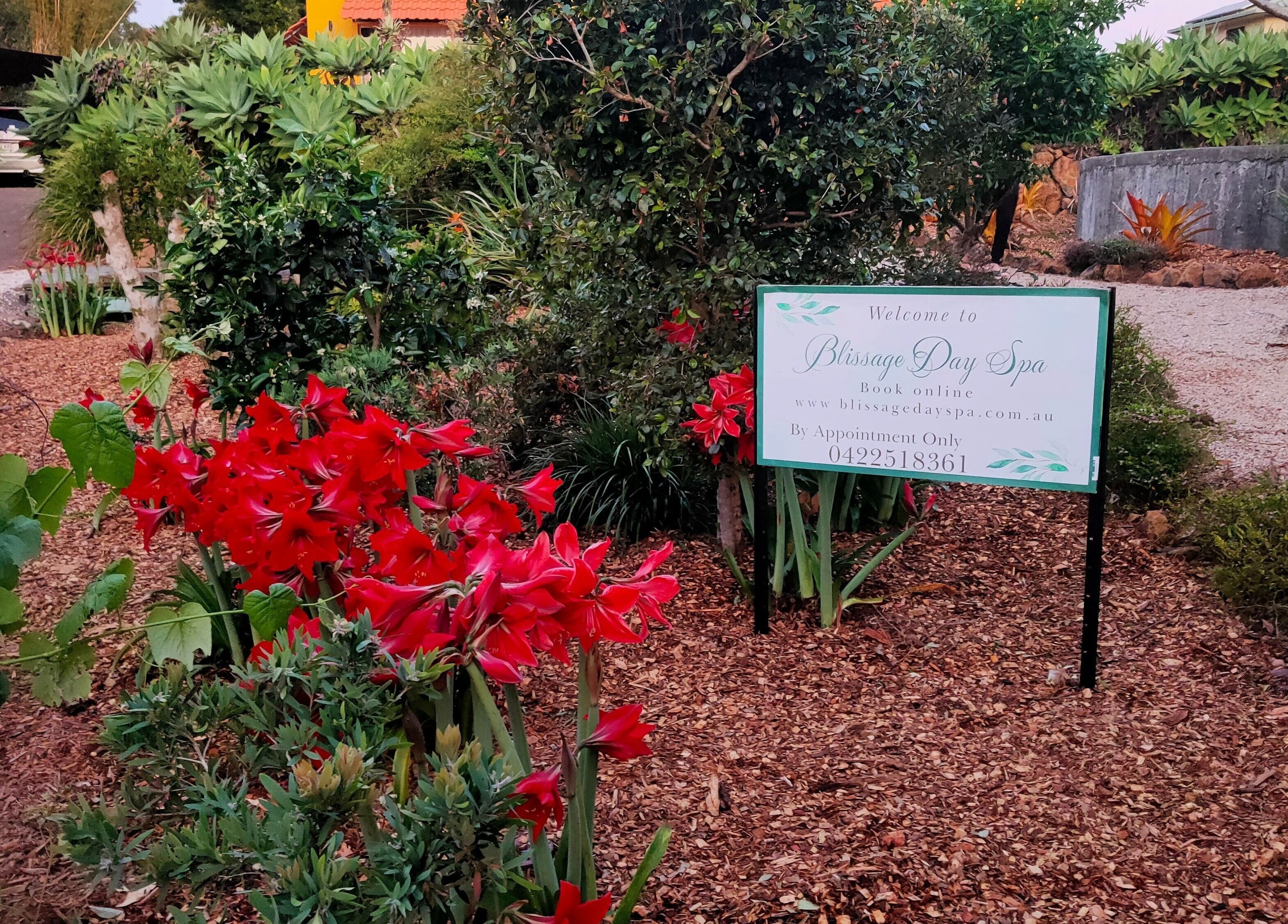 Entrance of Blissage Day Spa Sanctuary, adorned with vibrant flowers on Tamborine Mountain, Queensland, AU.