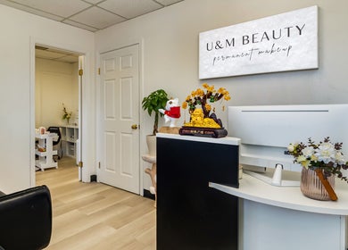 UM Beauty Studio reception area in San Jose, California, US with modern decor and welcoming atmosphere.
