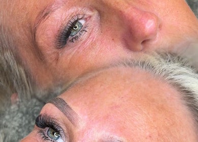 Close-up of enhanced lashes and brows at Browsbygraciee, Watford, England, GB.
