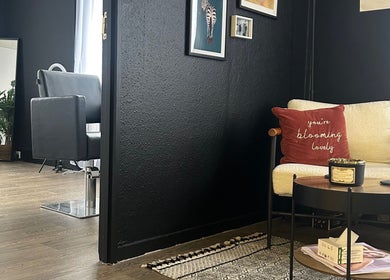 Cozy seating and salon area at Stephanie Duval Hair at Eselle Collective, Bristol, England, GB.