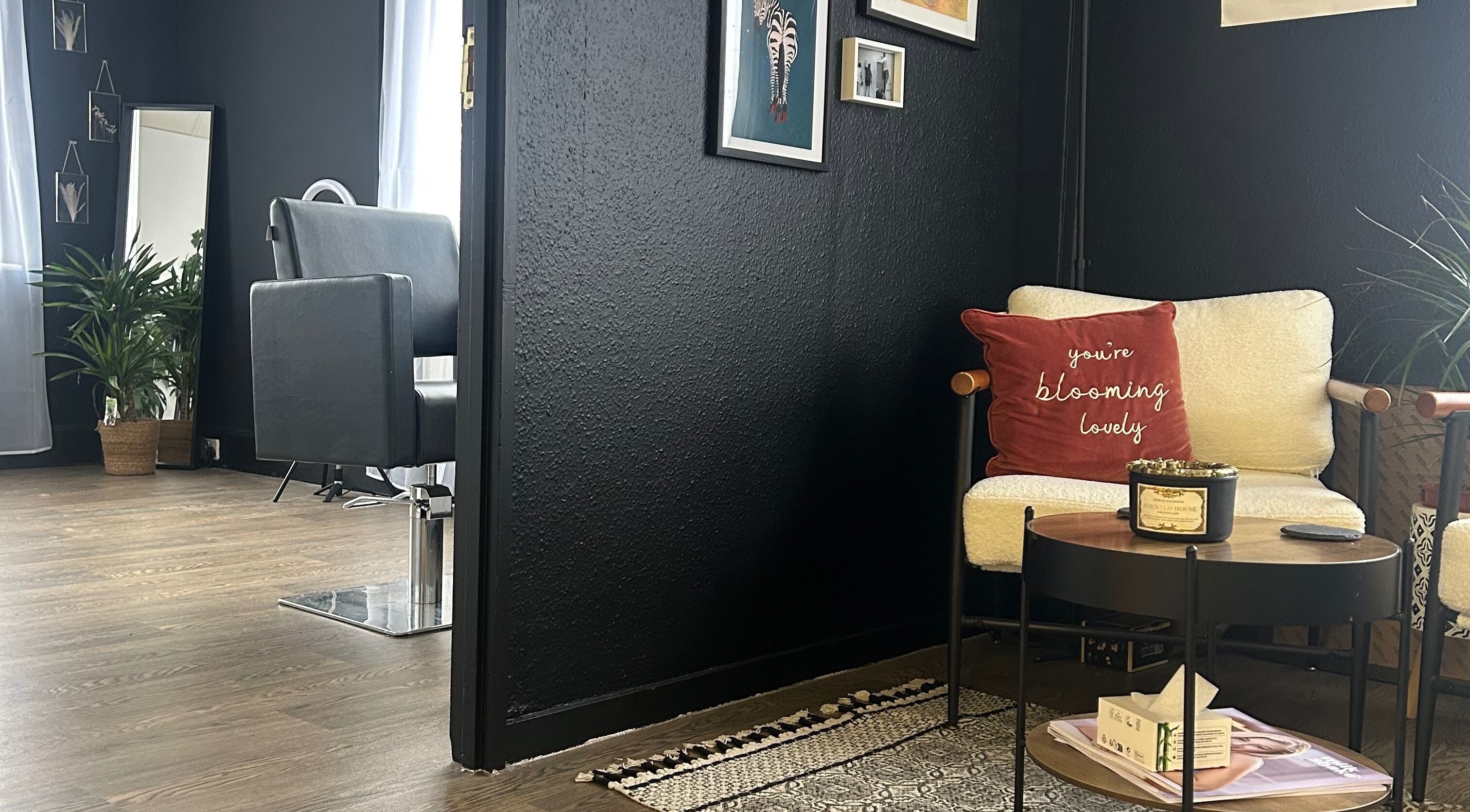 Cozy seating and salon area at Stephanie Duval Hair at Eselle Collective, Bristol, England, GB.