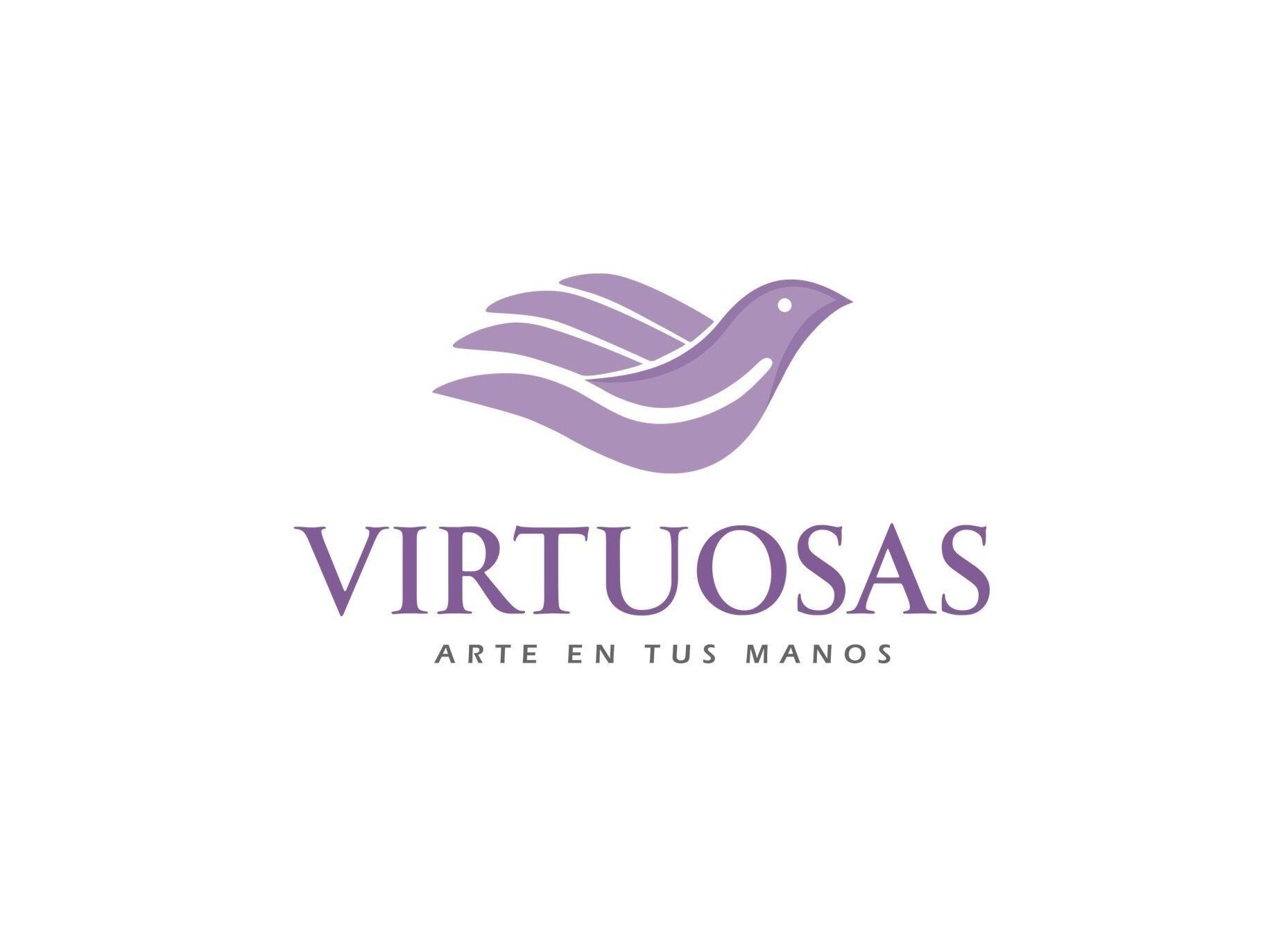 Logotipo púrpura de Virtuosa's nails estudió en Cartagena, Bolívar, CO, destacando su arte en las uñas.