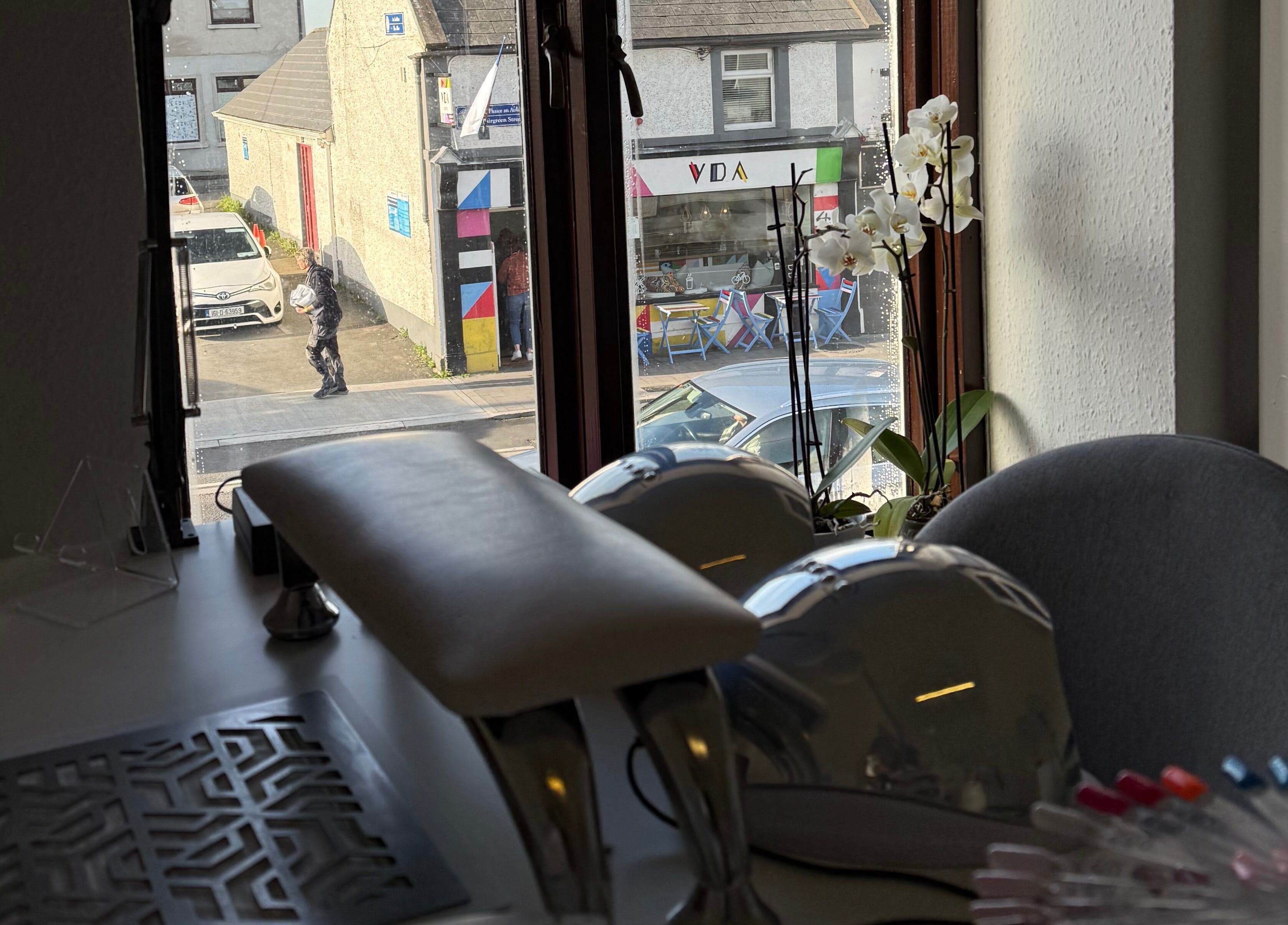 A bright nail station at Kristina.NailStudio overlooking Naas, County Kildare, IE street scene.