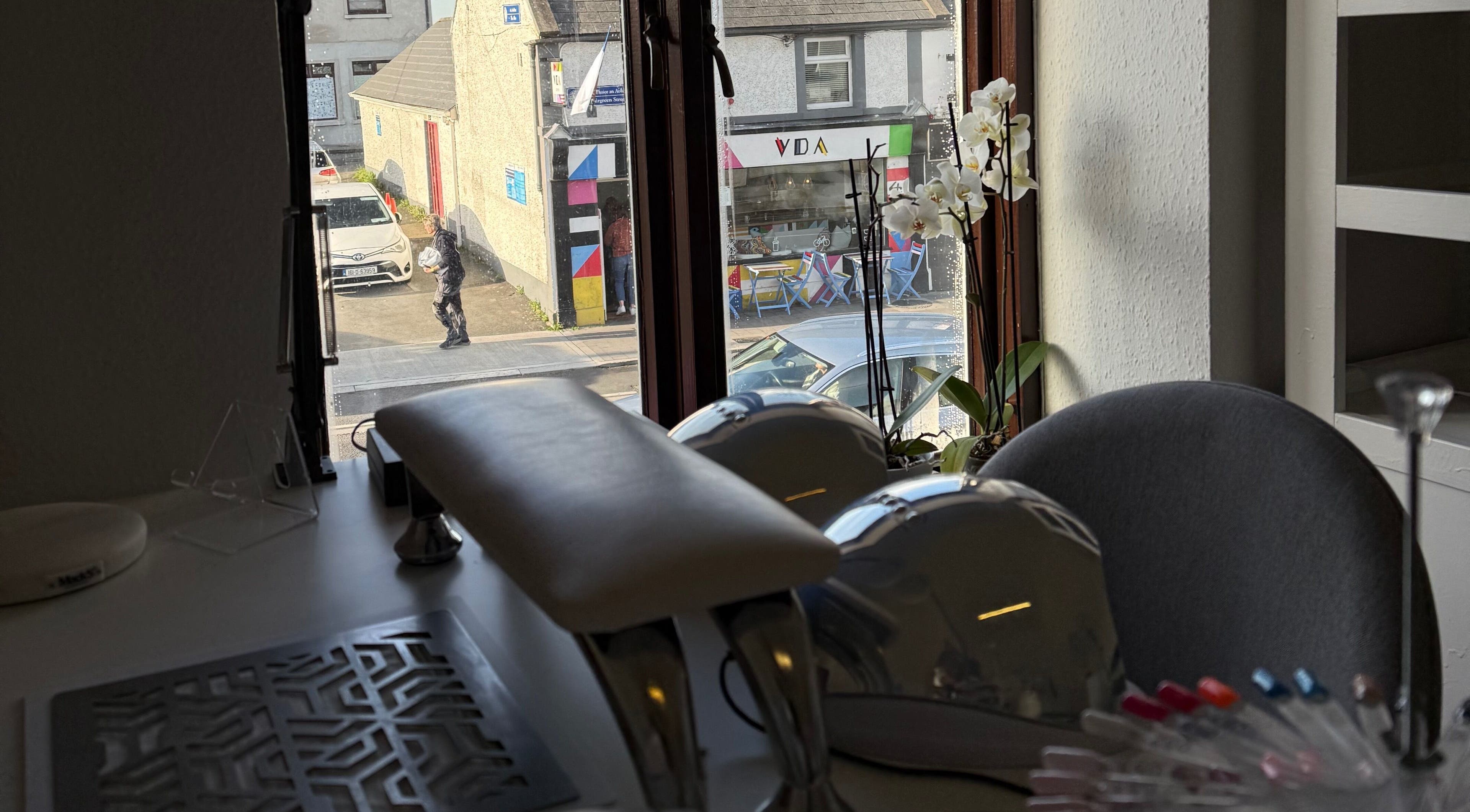 A bright nail station at Kristina.NailStudio overlooking Naas, County Kildare, IE street scene.