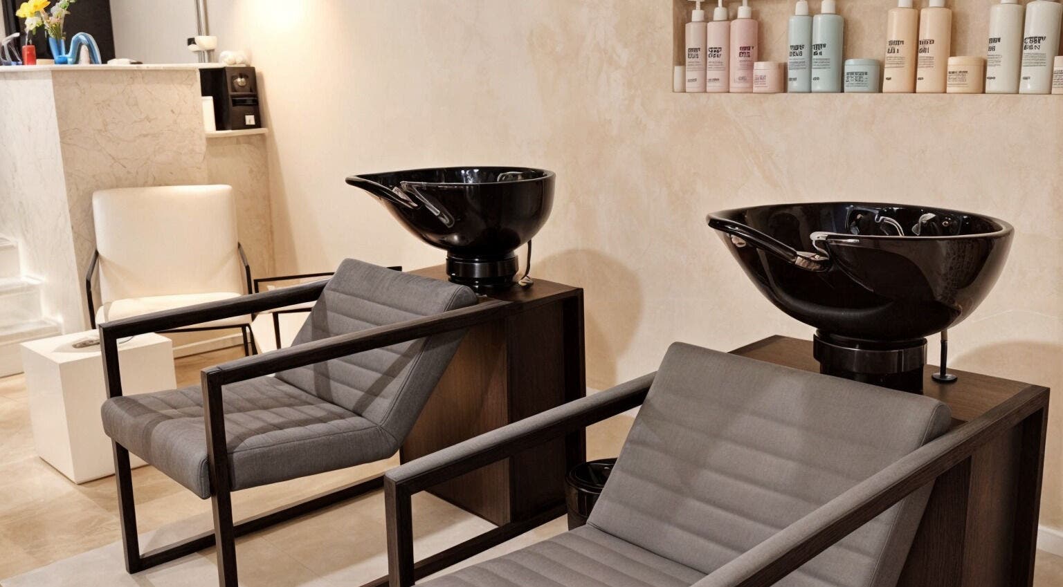 Área de lavado en ATICA Salón, Madrid, Comunidad De Madrid, ES, mostrando sillas modernas y lavabos negros.