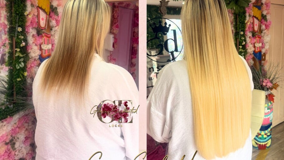 Stunning hair transformation at Gracesenchantedlocks in St Albans, England, GB with vibrant blonde extensions.
