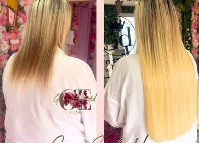 Stunning hair transformation at Gracesenchantedlocks in St Albans, England, GB with vibrant blonde extensions.