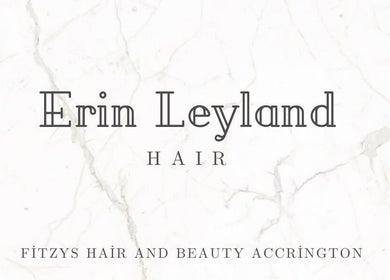 Elegant ErinLeylandHair logo over a marble texture in Accrington, England, GB.