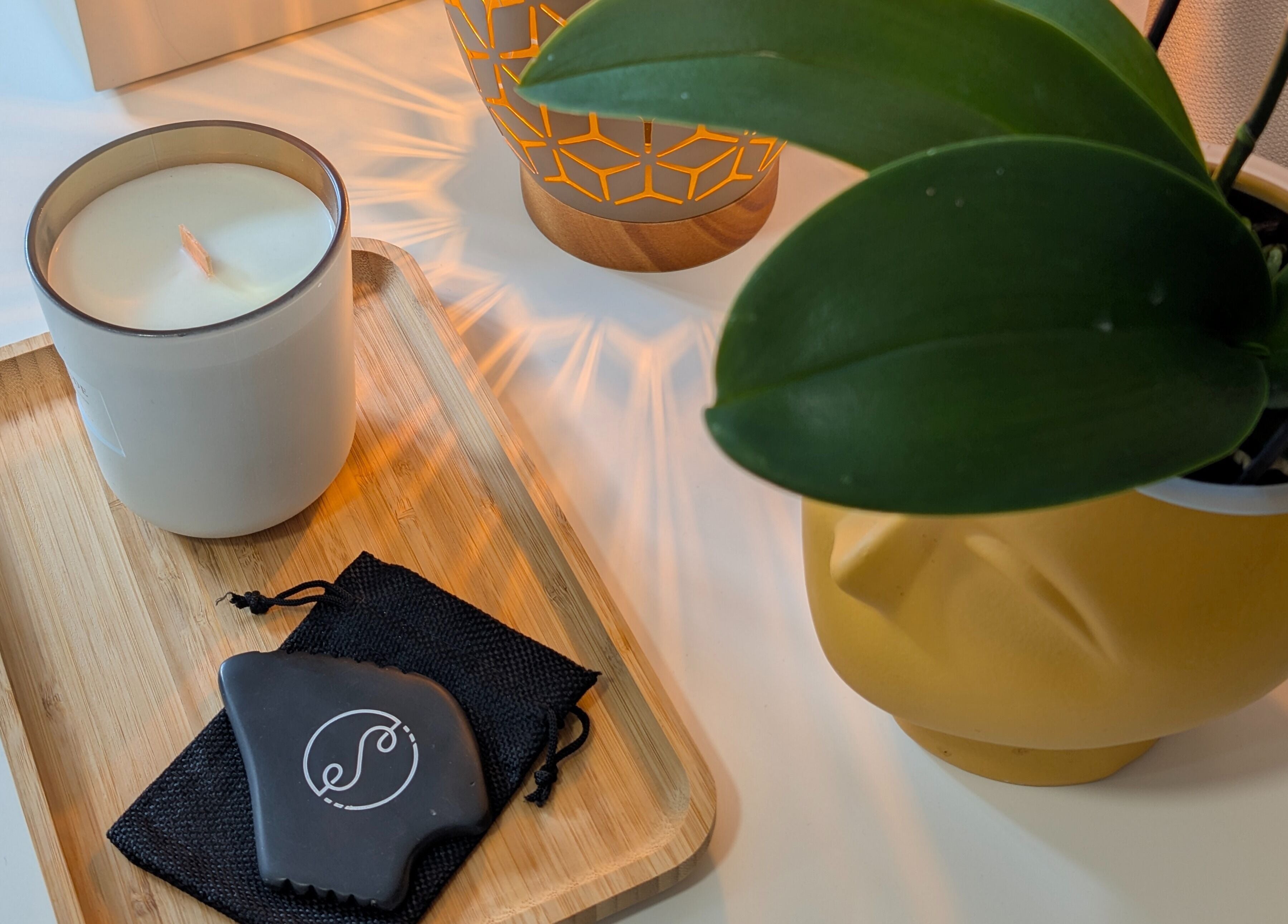 Atmosfera relaxante com vela e planta no spa Daniela Dos Santos, Lisboa, PT.