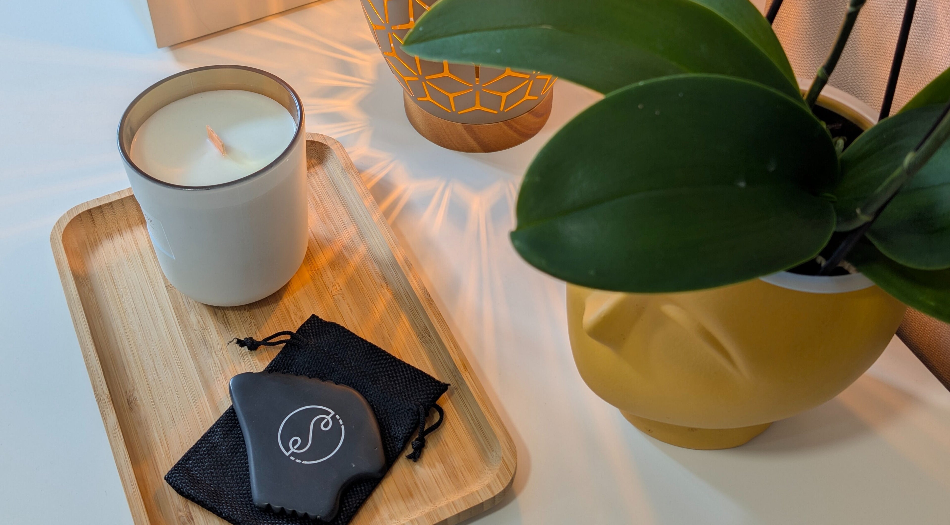 Atmosfera relaxante com vela e planta no spa Daniela Dos Santos, Lisboa, PT.