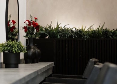 Elegant beauty lounge at India Frances Makeup, Colwyn Bay, Wales, GB with lush greenery and sleek mirrors.