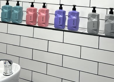Geometric soap dispensers in India Frances Makeup, Colwyn Bay, Wales, GB bathroom.