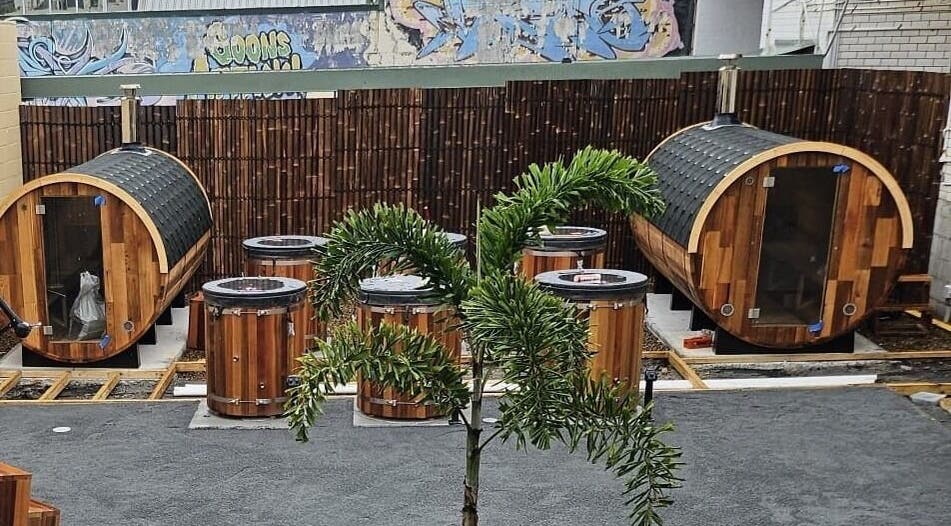 Wooden sauna and tubs at FICE Recovery Burleigh, Queensland, Queensland, AU offering a unique relaxation experience.