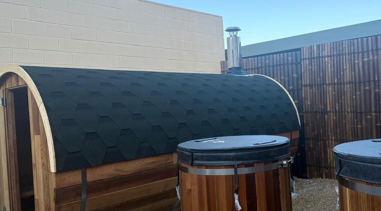 Outdoor sauna and hot tubs at FICE Recovery Burleigh, Queensland, Queensland, AU, offering wellness and relaxation.