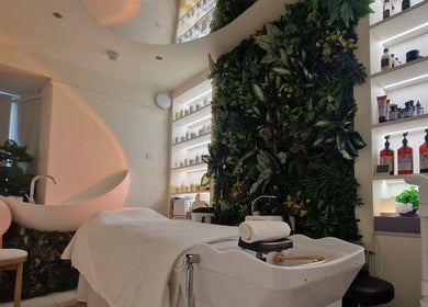 Relaxing spa room with lush greenery at Hairmonic Head Spa, London, England, GB, offering tranquility.