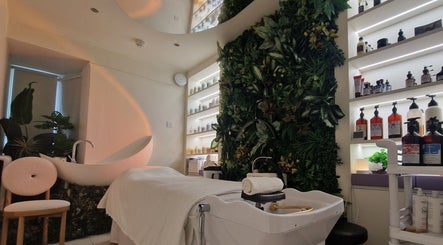 Relaxing spa room with lush greenery at Hairmonic Head Spa, London, England, GB, offering tranquility.