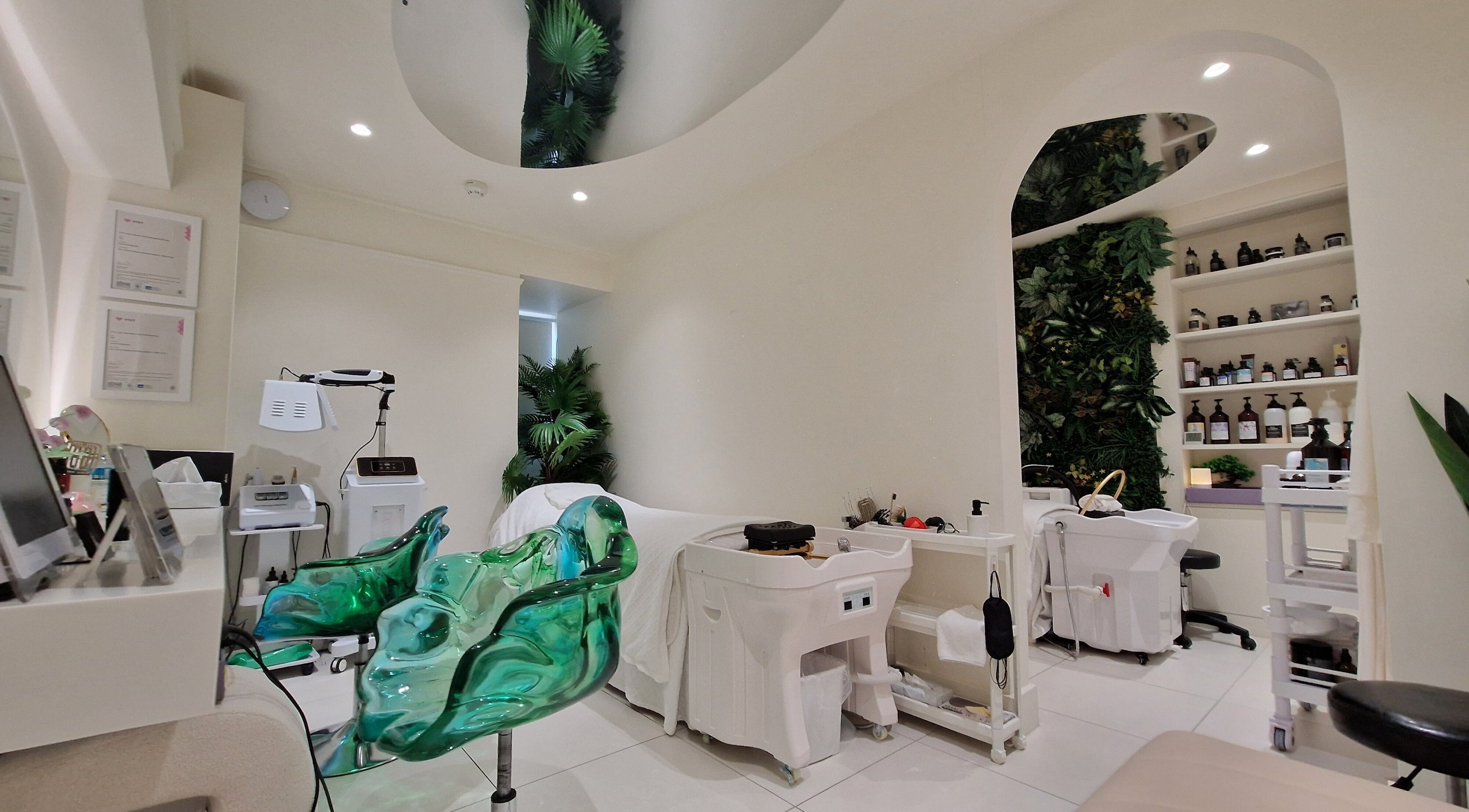 Modern spa room at Hairmonic Head Spa London featuring lush greenery and sleek equipment in London, England, GB.