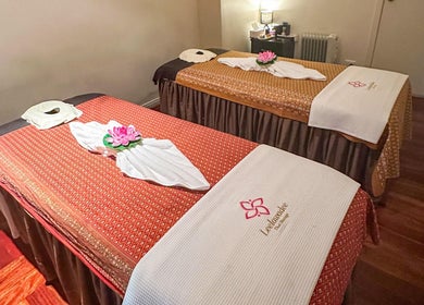 Tranquil massage room at Leelawadee Thai Massage CBD, Auckland, Auckland, NZ with two prepared massage tables.