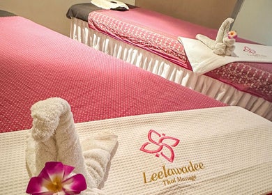 Relaxing massage beds at Leelawadee Thai Massage CBD, Auckland, NZ with intricately folded towels.
