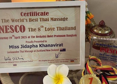 Award certificate and medal display at Leelawadee Thai Massage CBD, Auckland, Auckland, NZ.